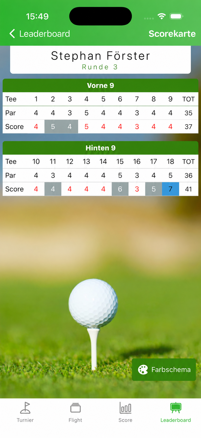 Digitale Scorekarte von Stephan Förster in der GoingGolf-App