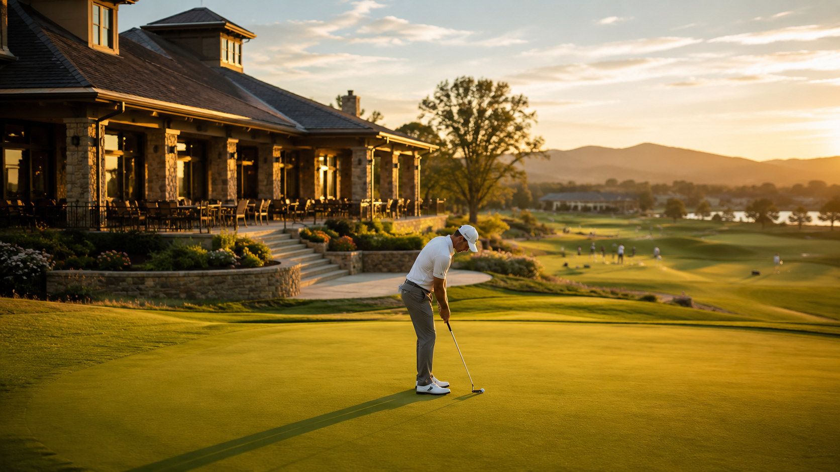 Golfturnier im Clubhaus bei Sonnenuntergang