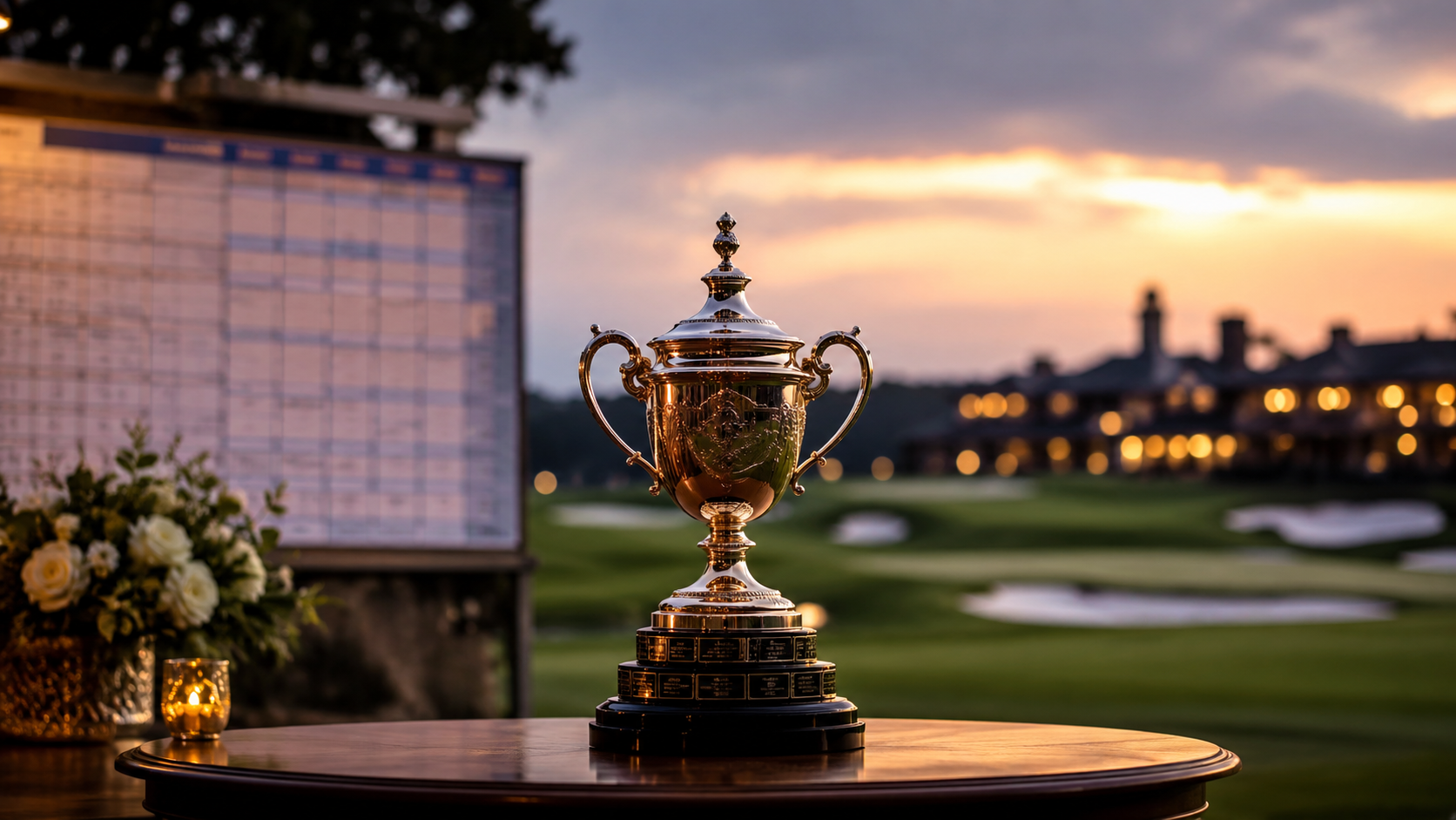 Golfplatz und Turnierpokal im warmen Abendlicht