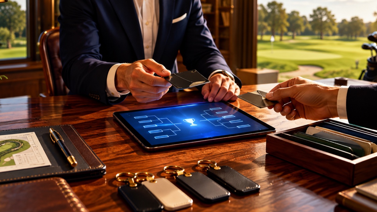 Digitale Planung eines Jahresmatchplays auf einem Tablet im Golfclub
