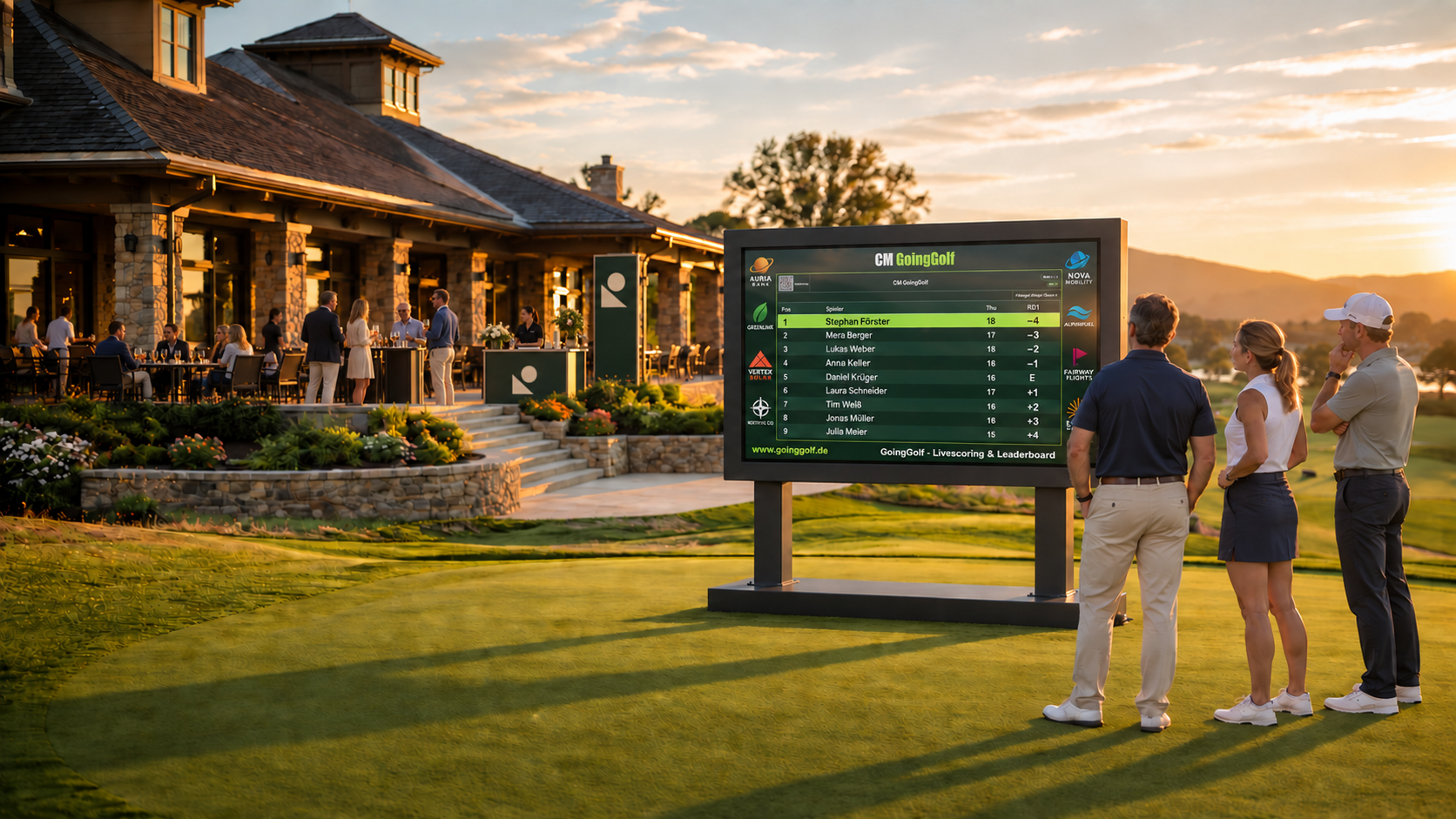 Drei Golfer betrachten das GoingGolf Live-Leaderboard, während Mitglieder und Gäste die Clubhausterrasse mit Partnerstand beleben
